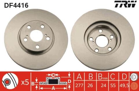 ÖN FREN DİSKİ HAVA KANALLI TOYOTA AVENSIS 1.6L 3ZZFE VVTi ZZT250 03-08 / 2.0L 1AZFSE AZT250 03-08 277 çap x 5 bijon - Takım disk fiyatıdır