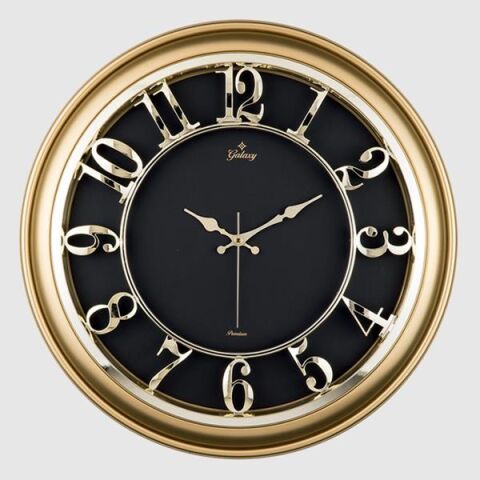 M-1965-A-1 DUVAR SAATİ ALTIN SARISI ÇERÇEVELİ İÇİ SİYAH 45CM KABARTMA RAKAMLI SELEFON KORUMALI AMERİKAN BRİSTOL KADRAN METALİK AKREP/YELKOVAN/SANİYE AKAR SANİYELİ MEKANİZMA AKRİLİK BOYA MİNERAL C
