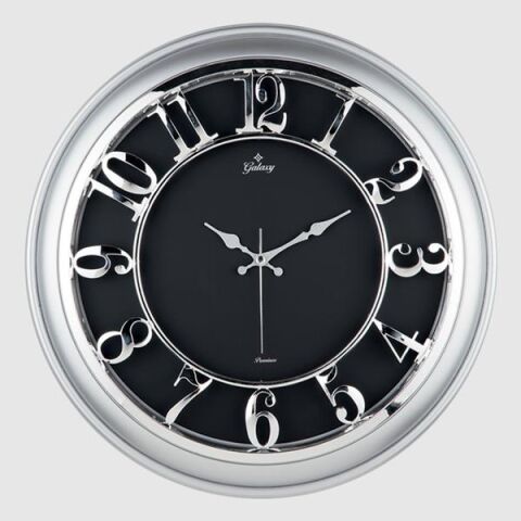 DUVAR SAATİ GÜMÜŞ GRİ ÇERÇEVELİ İÇİ SİYAH 45CM KABARTMA RAKAMLI SELEFON KORUMALI AMERİKAN BRİSTOL KADRAN METALİK AKREP/YELKOVAN/SANİYE AKAR SANİYELİ MEKANİZMA AKRİLİK BOYA ABS HAMMADDE MİNERAL CAM