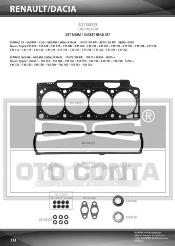 Üst Takım Conta Clıo I 91 1.8 Laguna-Megane I 95 1.8-2.0 F3P 710/F3P 714 Keçeli Skc Std Subap Lastikli