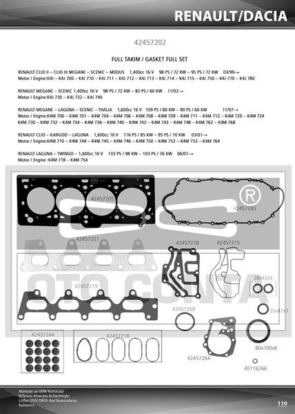 Motor Takım Contası Mgn-Clıo-Lgn-Logan 1.4-1.6 16V K4J-K4M Keçeli Subap Lastikli