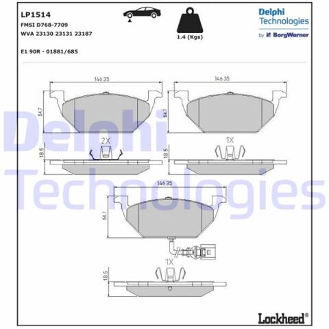 Ön Balata Fişli Küçük Golf4-Golf5-Jetta-Bora-Polo-A3-Leon 97 Gdb1386 146X54.7X19.8